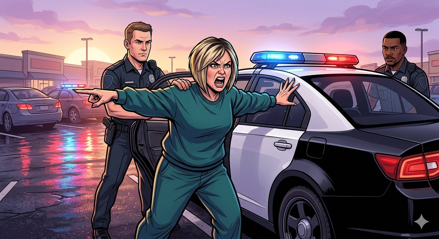 An angry middle aged woman with a typical "Karen" haircut has an angry facial expression as she is being frisked and arrested by a uniformed police officer.