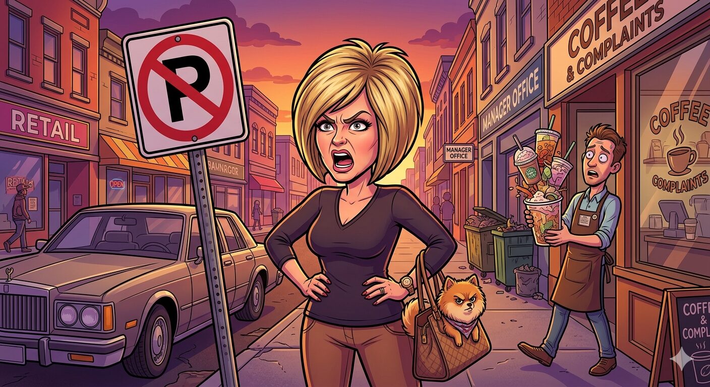 An entitled Karen stands in front of her car, clearly parked in a no parking zone, while a confused retail worker stares on in amazement.