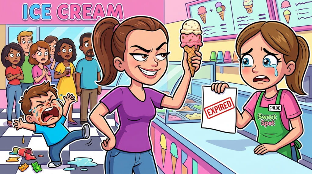 A customer at The Sweet Spot demanded a free ice cream for her child with a week-expired coupon, ignoring his escalating tantrum