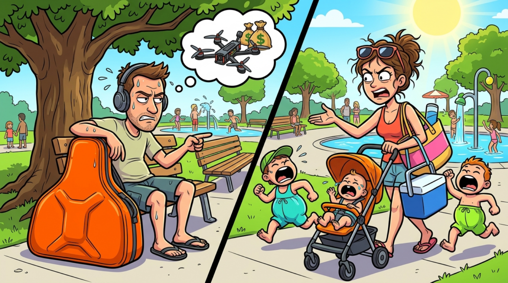 A mother demanded I move my custom bright orange drone bag from a shaded park bench for her three children, claiming they deserved the space more