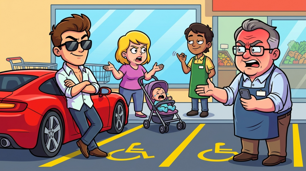 A Grocery Store Manager Confronts a Young Man’s Red Sports Car Blocking Disabled Spots as His Mother Bizarrely Claims Single Parent Status
