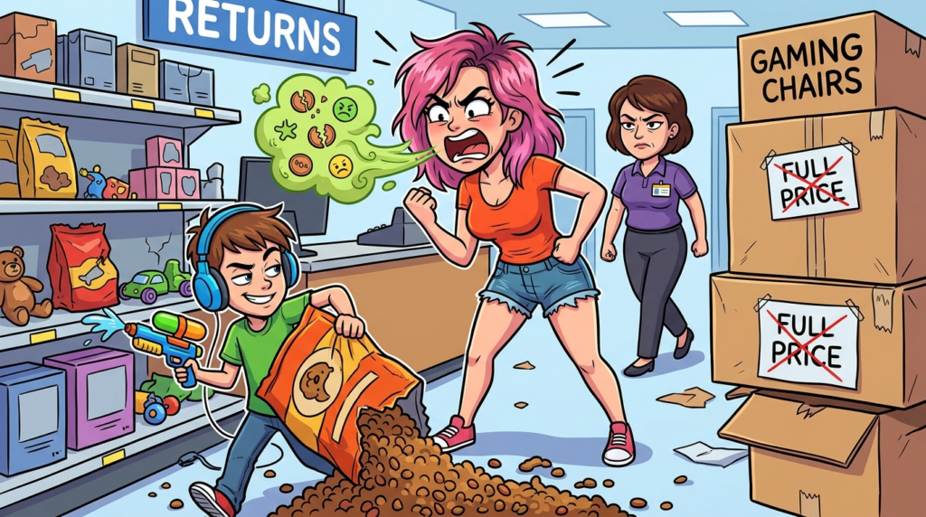A pink-haired customer adamantly demanded a non-existent half-price discount on a gaming chair as her son vandalized the pet food aisle
