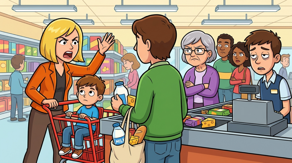 A Demanding Mother at the Grocery Store Checkout Bizarrely Insisted Her “Fussy” Son’s Hunger Entitled Her to Cut Ahead of Everyone