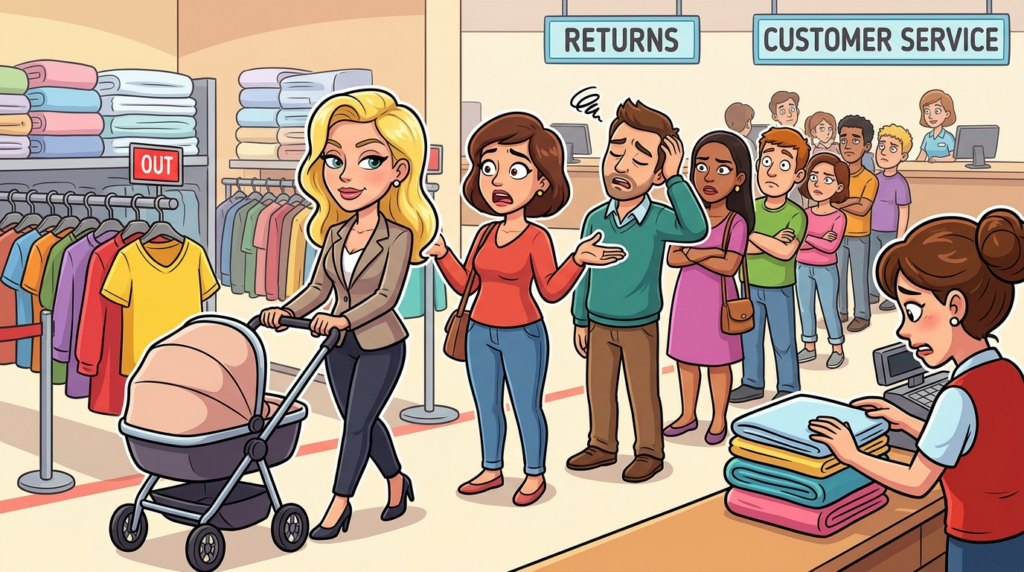 A woman demanded immediate service in a department store returns line, leveraging her crying baby and its potent dirty diaper
