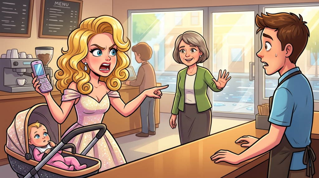 A dressed-up mother demanded free coffee for her beauty and threatened the barista with two different phones