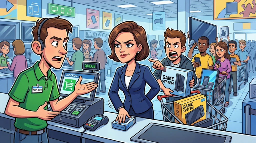 A customer at a bustling electronics store insisted on skipping the long checkout line, declaring her small item more practical than a young man’s large video game system