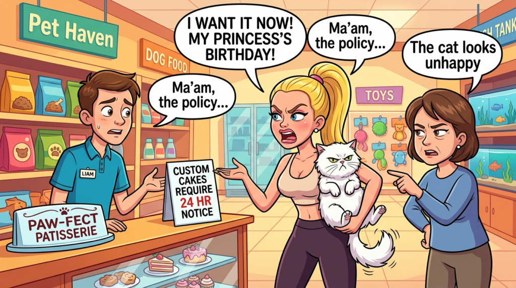 A customer demanded an immediate, custom glitter birthday cake for her visibly distressed Persian cat at a pet store, ignoring policy