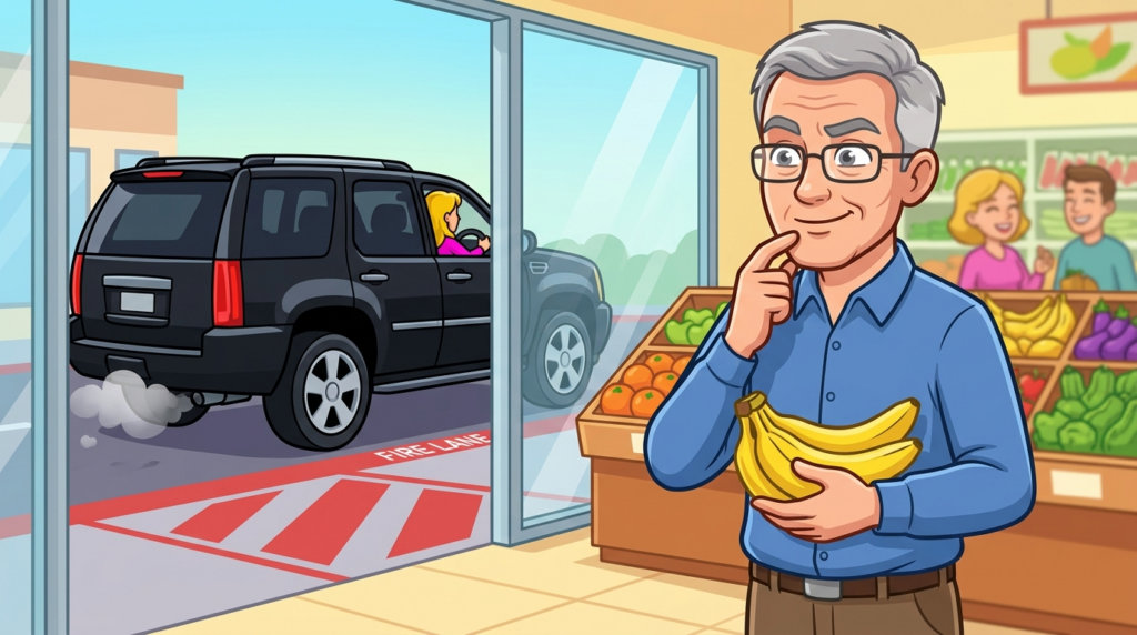 A woman’s luxury SUV brazenly blocks a grocery store fire lane as an unexplained, loud whirring noise disrupts the entrance