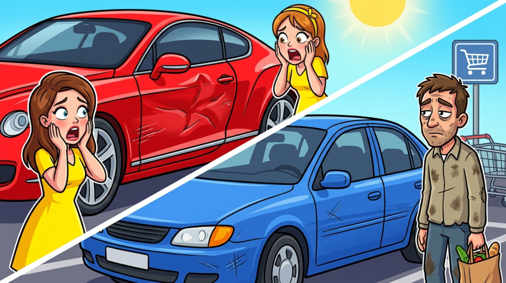 A self-important woman and her entitled husband illegally block a tired man’s car, physically pushing him while asserting her beauty makes them above all parking rules