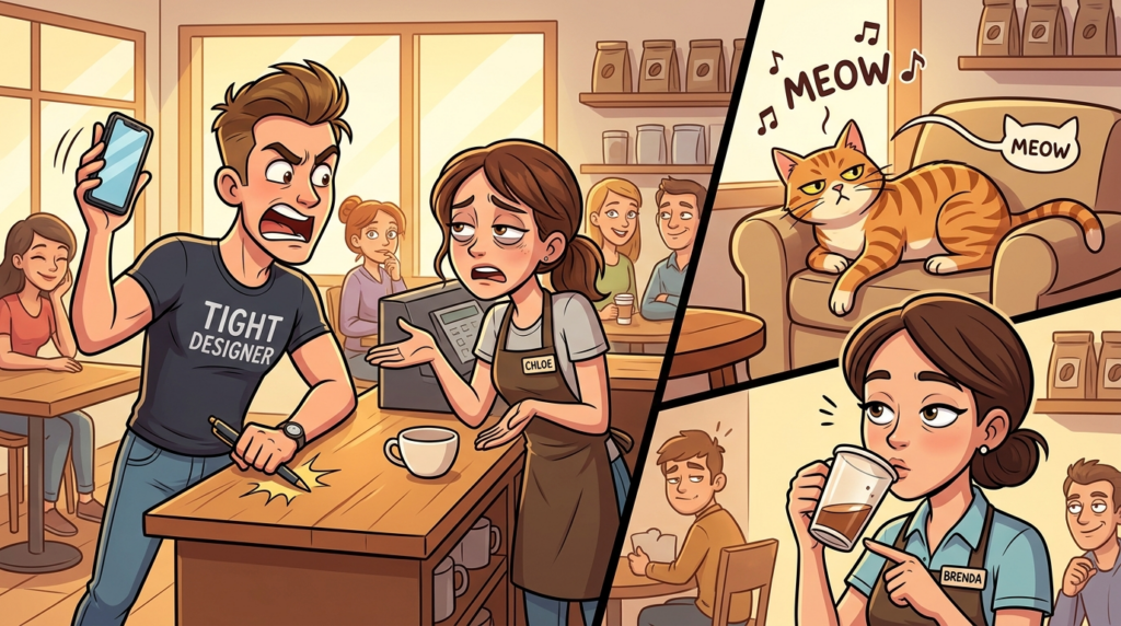 A Self-Important Man Demands a Free Remake of His Half-Consumed Latte, Claiming It’s Spoiled and Incorrect, Until a Ginger Cat Judges His Behavior