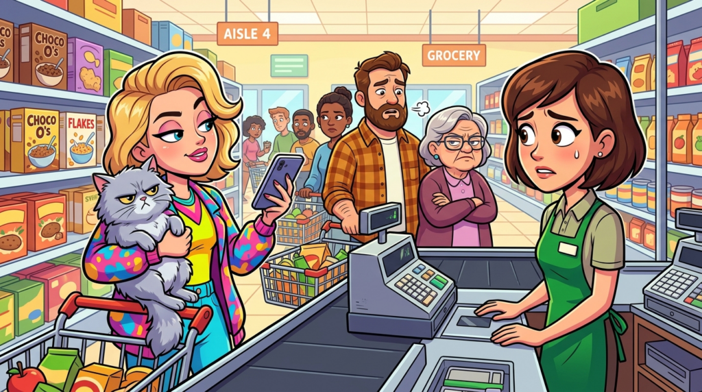 A nervous grocery cashier gently confronts a woman who cut the line, bizarrely grooming her fluffy cat at the register