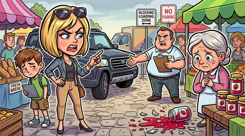 A woman blocks a bustling market’s delivery zone with her SUV, shatters a jam display, and blames the vendor until a tow is threatened