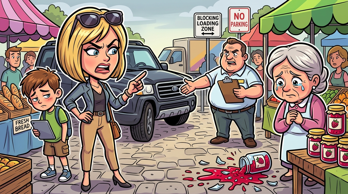A woman blocks a bustling market’s delivery zone with her SUV, shatters a jam display, and blames the vendor until a tow is threatened