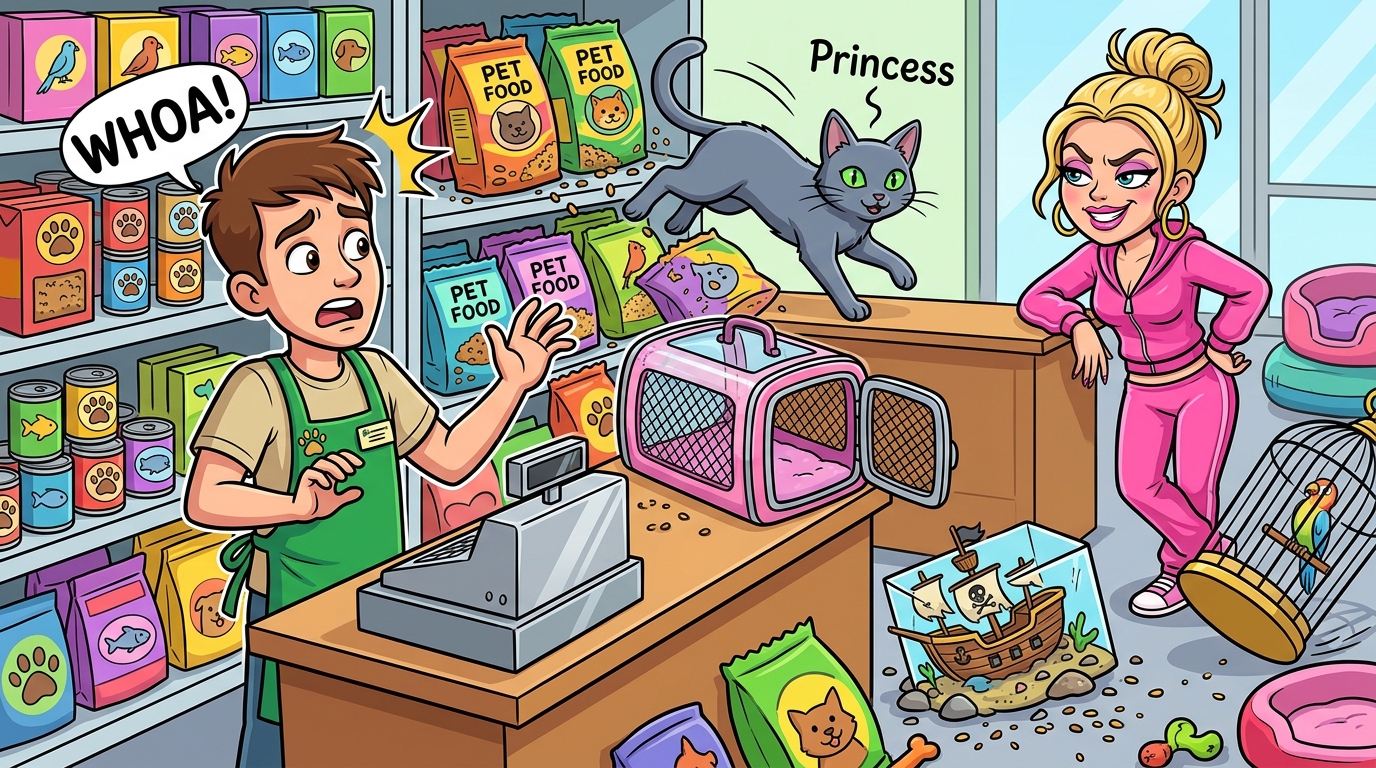 A customer unleashed her cat to rampage through my pet store, knocking over displays, after being denied an unreceipted refund