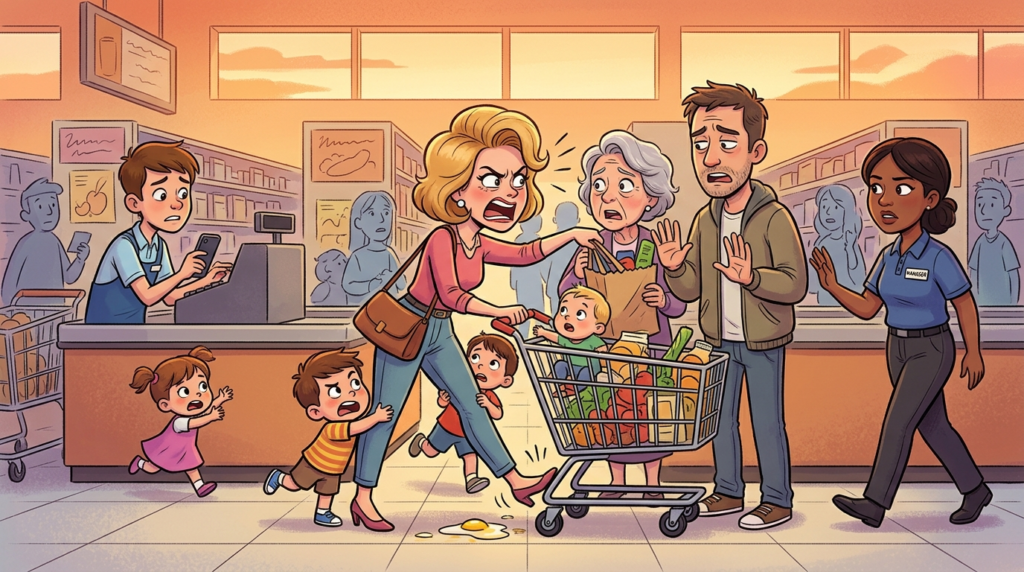 An Impatient Woman With Three Messy Children Demands to Cut a Grocery Checkout Line and Rearrange Another Customer’s Bags While Ignoring Spilled Eggs