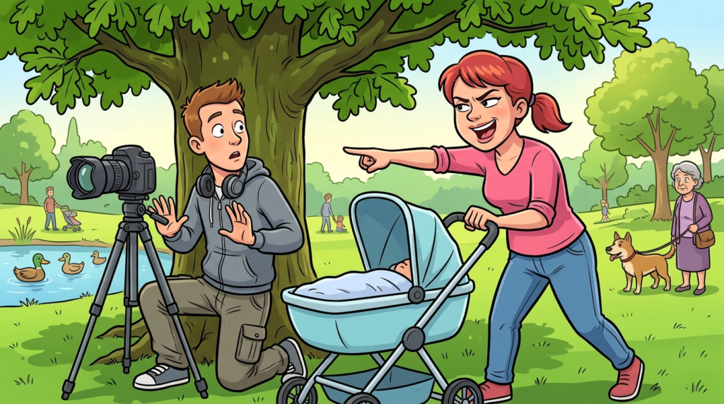 A mother with a baby aggressively demanded a meticulous photographer dismantle his professional equipment from the park’s prime shaded spot