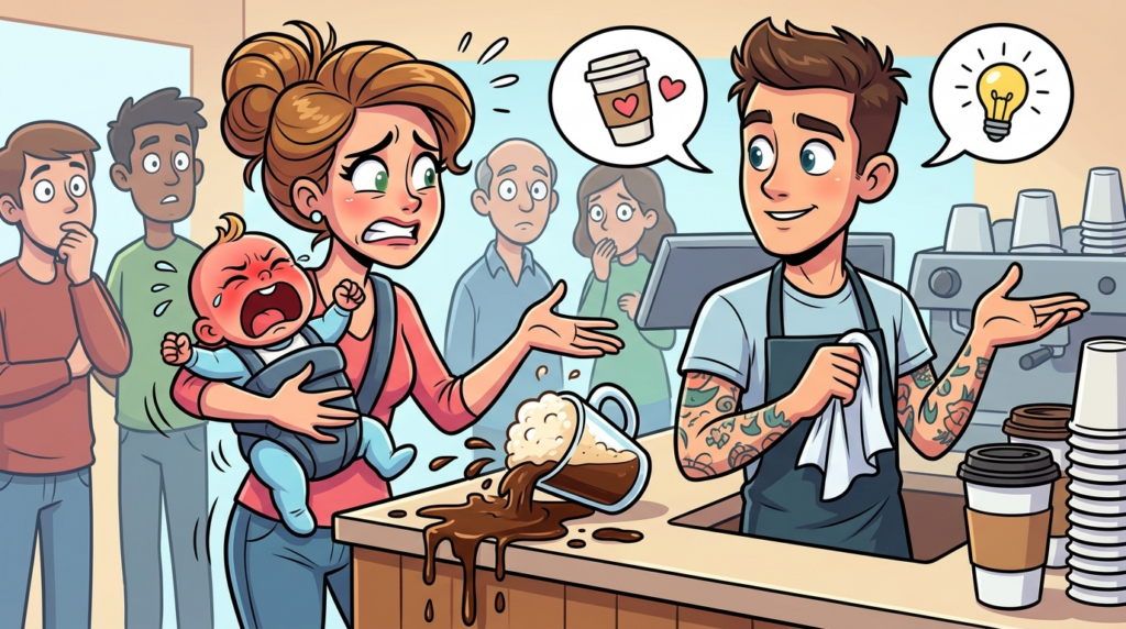 A Stressed Mother with a Wailing Baby Spills Her Hot Coffee and Demands a Free Replacement, Blaming the Barista for the Commotion