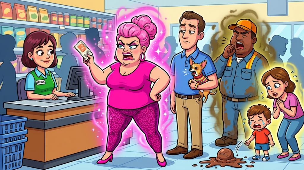 A woman in bright pink demanded special treatment to skip a long grocery line, her bored husband clutching their yappy dog