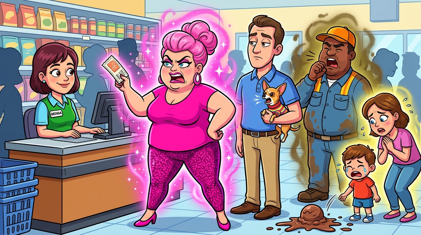 A woman in bright pink demanded special treatment to skip a long grocery line, her bored husband clutching their yappy dog