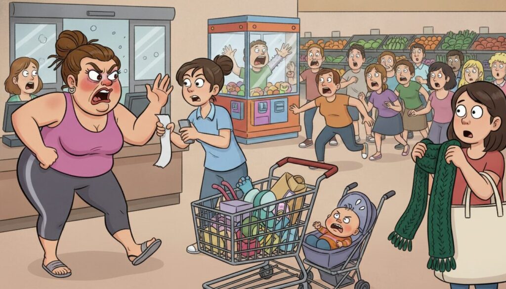 A self-important mother loudly demanded a supermarket refund for her heavily damaged, expensive baby stroller, absurdly claiming it didn’t fit in her car