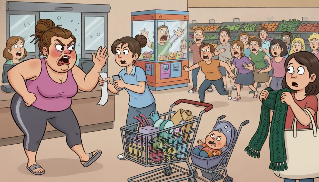 A self-important mother loudly demanded a supermarket refund for her heavily damaged, expensive baby stroller, absurdly claiming it didn’t fit in her car