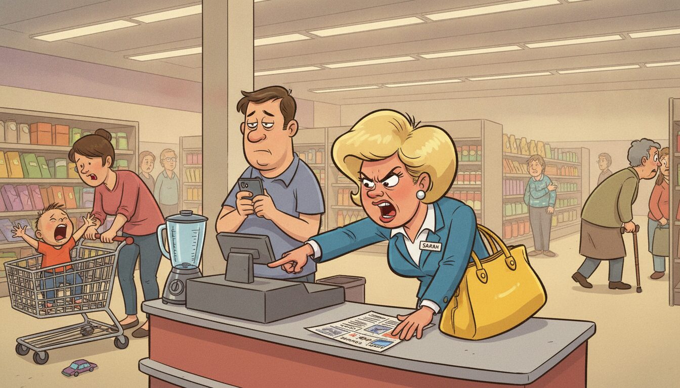 A customer with a big yellow bag loudly demanded an expensive blender be sold for a cheaper, unadvertised price from a different model while her husband stared at his phone
