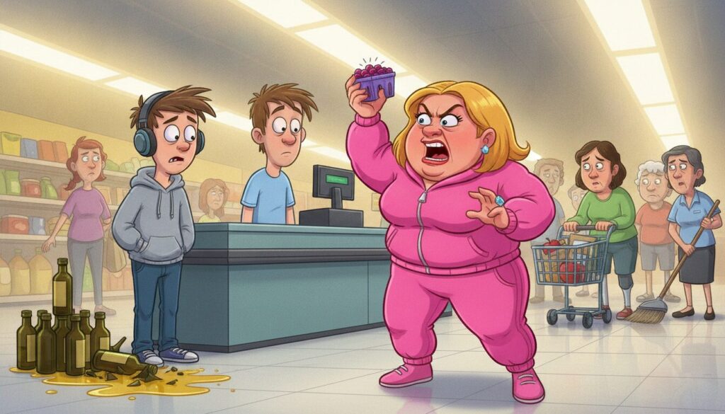 An entitled woman loudly argued over berry prices while her mortified son accidentally smashed olive oil bottles, yet the defeated cashier only conceded on the berries