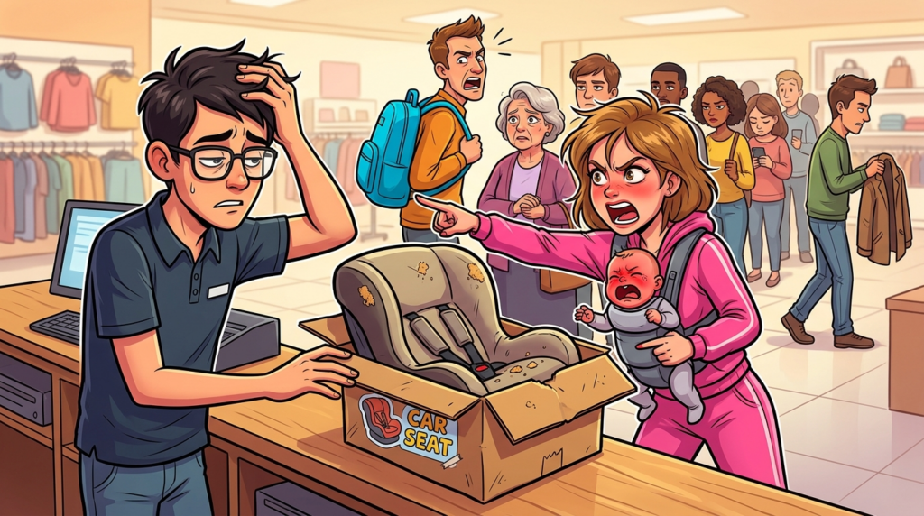A customer in a snug pink tracksuit furiously demanded cash for a crumb-filled baby car seat without a receipt, yelling at the exhausted worker as her baby wailed