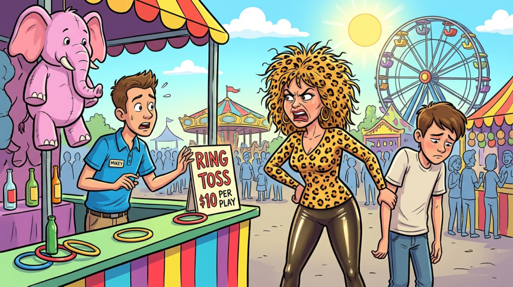 A cheetah-print woman demanded a free carnival game for her son’s giant elephant prize, insisting her beauty entitled her to special park discounts