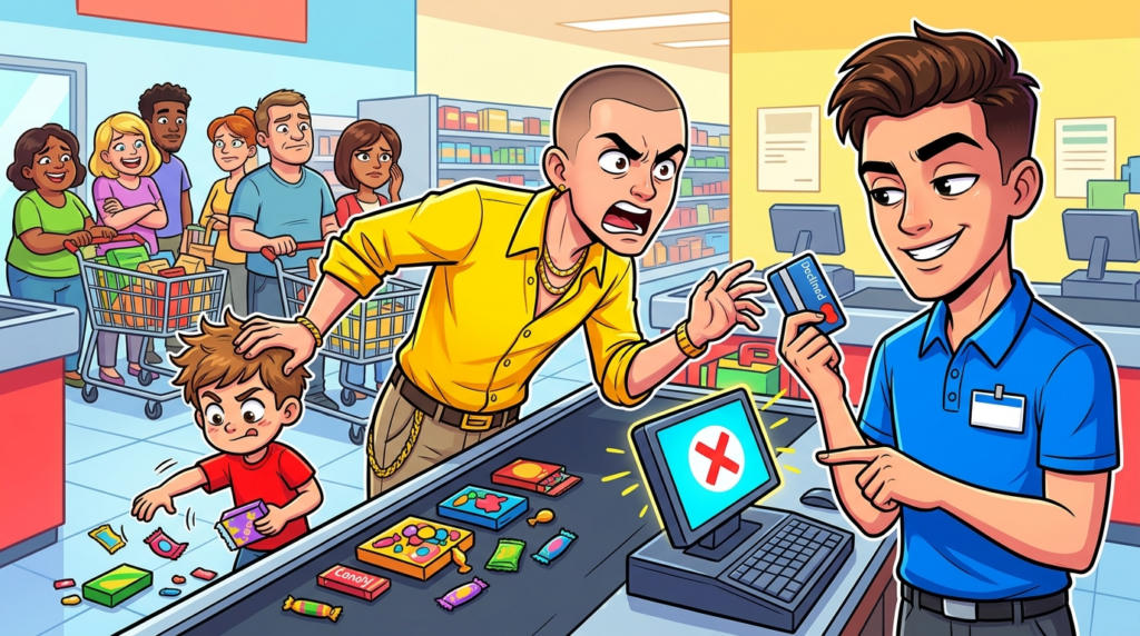 An entitled customer’s luxury credit card is declined, prompting him to demand free groceries and accuse the cashier of discrimination