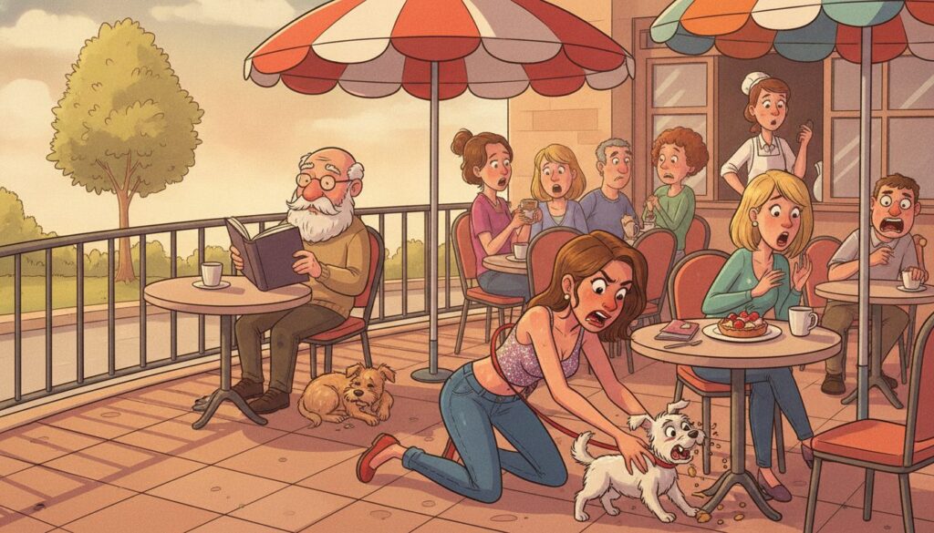 A self-important young woman with an unruly yappy dog loudly demanded an older man’s prime cafe table because she deserved the best view, just before her unleashed pet stole a customer’s tart