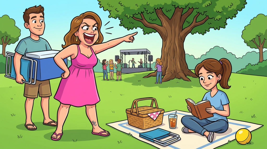 A woman at a public park concert aggressively attempted to commandeer another attendee’s meticulously established prime viewing spot, declaring she deserved it more