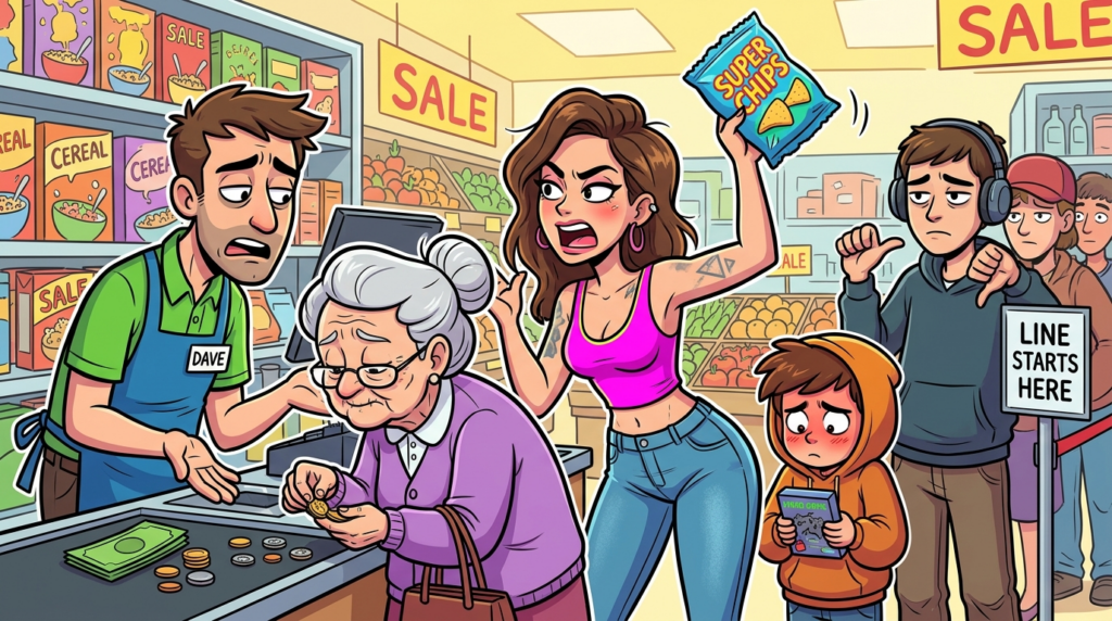 A grocery shopper brazenly cut a long checkout line, declaring her son starved for chips, until I subtly appealed to her presumed superior intellect