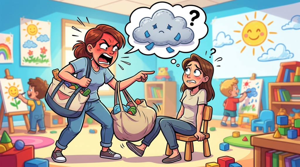 An irate mother, convinced I was staff, verbally cornered me and blocked my exit in the daycare