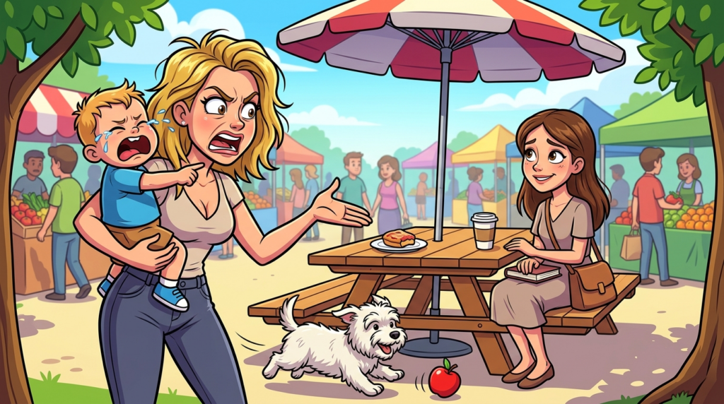 An entitled mother with a fussing child demanded a gentle woman immediately vacate her shaded picnic table at an outdoor market