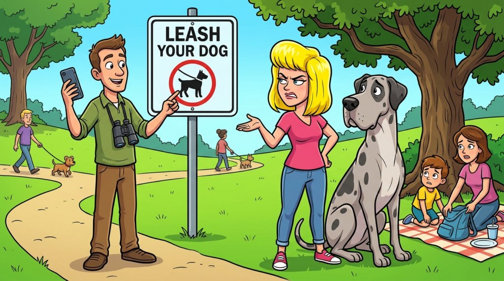 A woman refused to leash her giant Great Dane named Princess Sparkle in the park, claiming special exemption, only to be disrupted by loud teenagers’ music