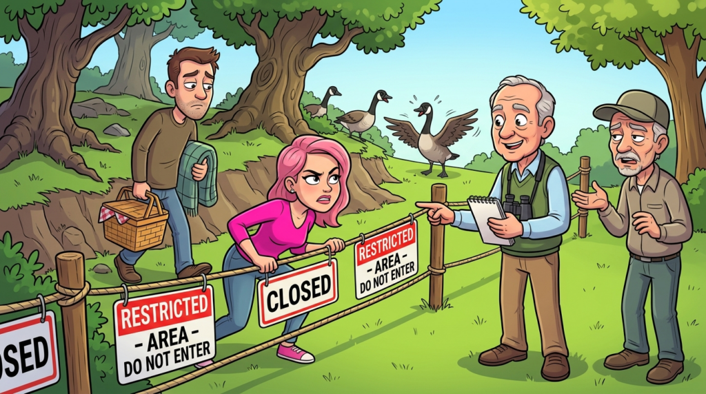 A young woman ignored park RESTRICTED AREA signs for social media content, arguing with staff until honking geese startled her