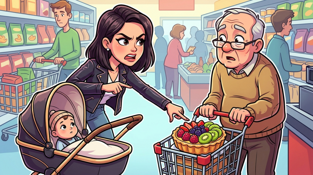 A young mother with an alpaca wool stroller demanded an elderly man hand over his special fruit tart in a grocery checkout, declaring it her right as a loyal customer