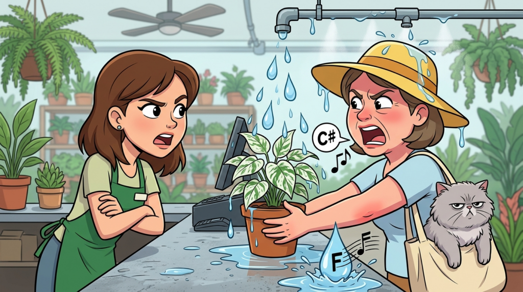 A woman carrying a bored Persian cat demanded a free, rare houseplant due to a tiny dirt speck, then exploded when an automatic sprinkler system soaked her