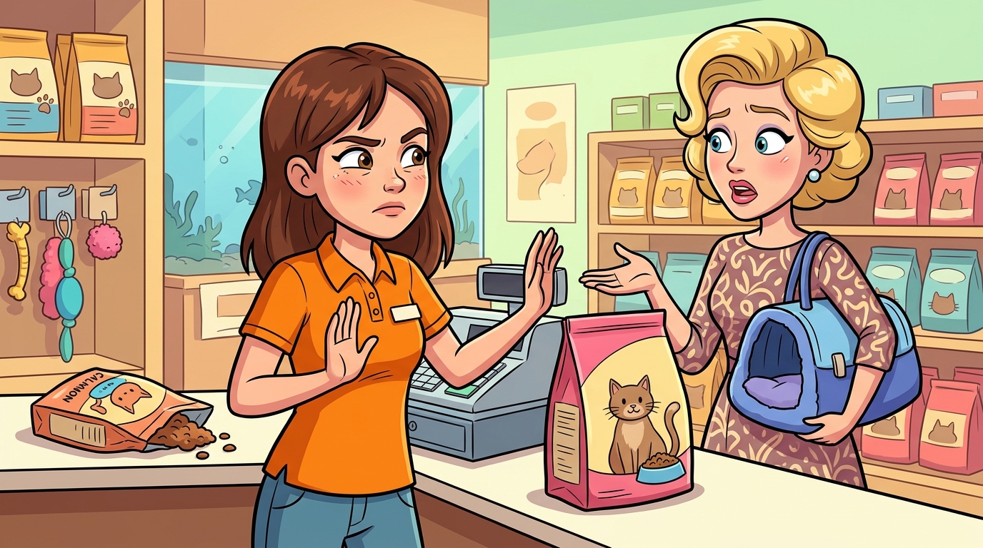 A customer with a “special” cat demanded a full refund for an almost empty bag of unwanted food, then let her cat out despite my dander allergy, rudely snapped at a child, and tried to take an expensive new bag for free