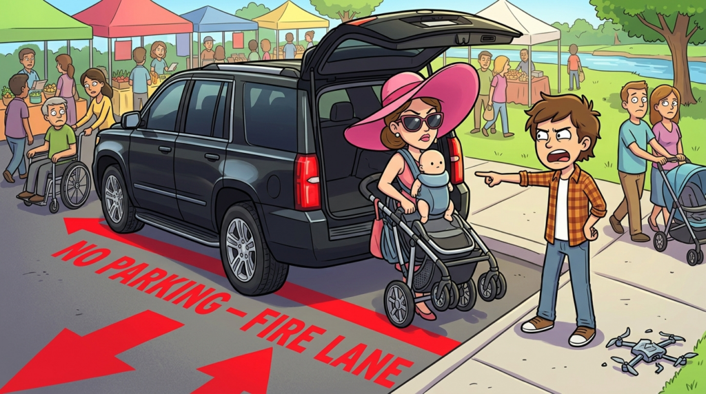 A mother with an infant at a crowded farmers market belligerently kept her large SUV illegally parked in a fire lane, citing her baby and tax payments