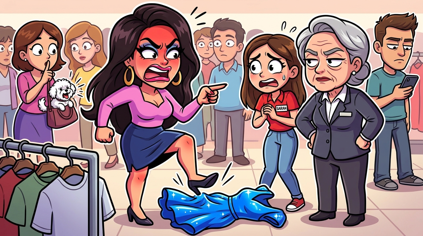 A woman loudly claimed an expensive dress was torn on the rack to get it for free, but my precise memory exposed she had worn it for an hour
