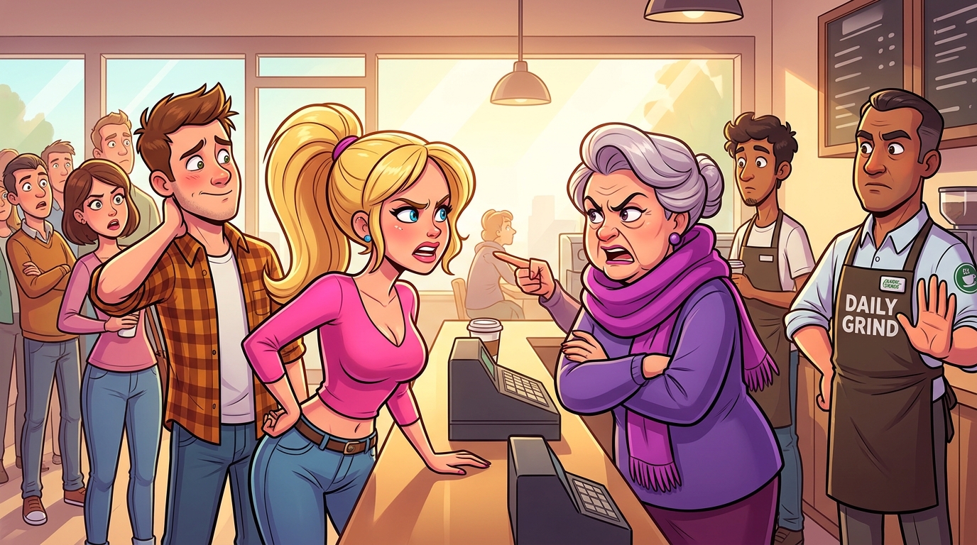 A brazen woman in a bright pink top attempted to skip a coffee shop line, insisting her regular patronage made her exempt