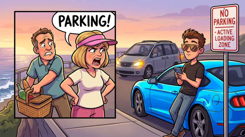 A furious woman publicly confronted a young man about his illegally parked electric blue sports car, met with his unnerving, passive-aggressive politeness