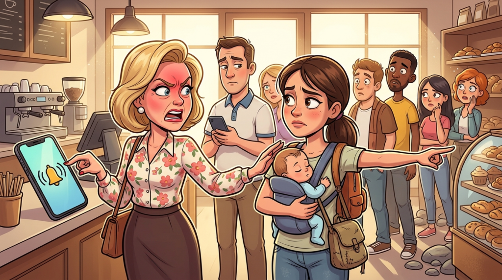 An entitled woman aggressively cut a long coffee shop line, ignoring protests to push past a young mother with a sleeping baby