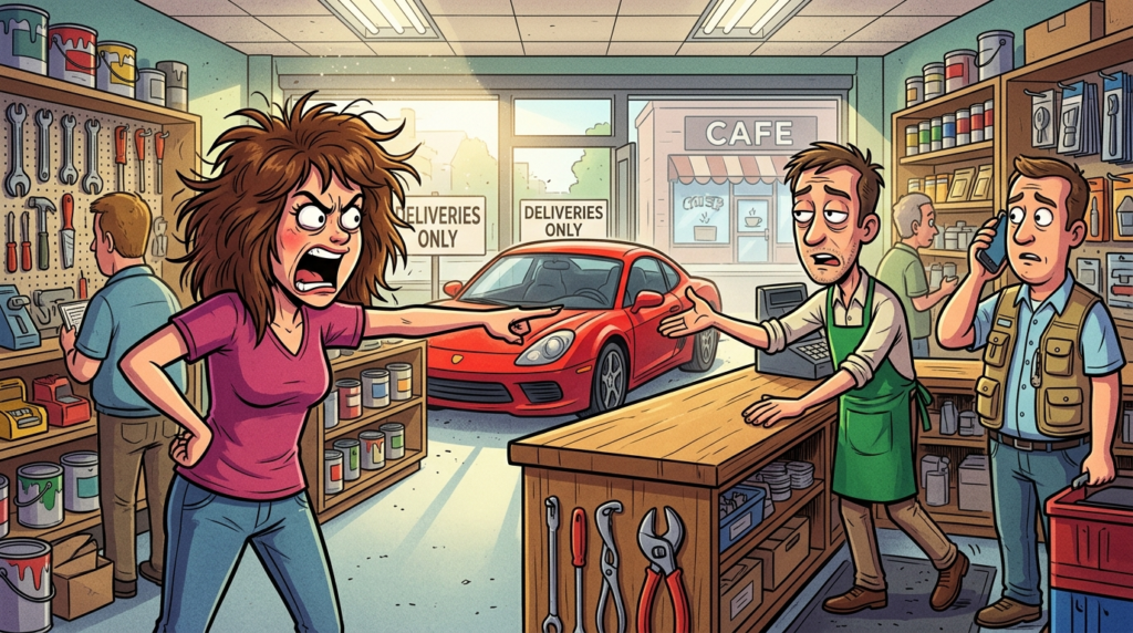A furious customer demanded I personally remove a flashy sports car from our hardware store’s delivery zone, even though it wasn’t mine
