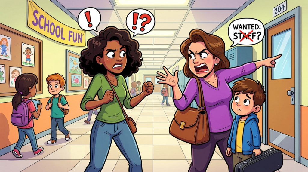 A parent in a school hallway verbally attacked me for not knowing directions, convinced I was a staff member