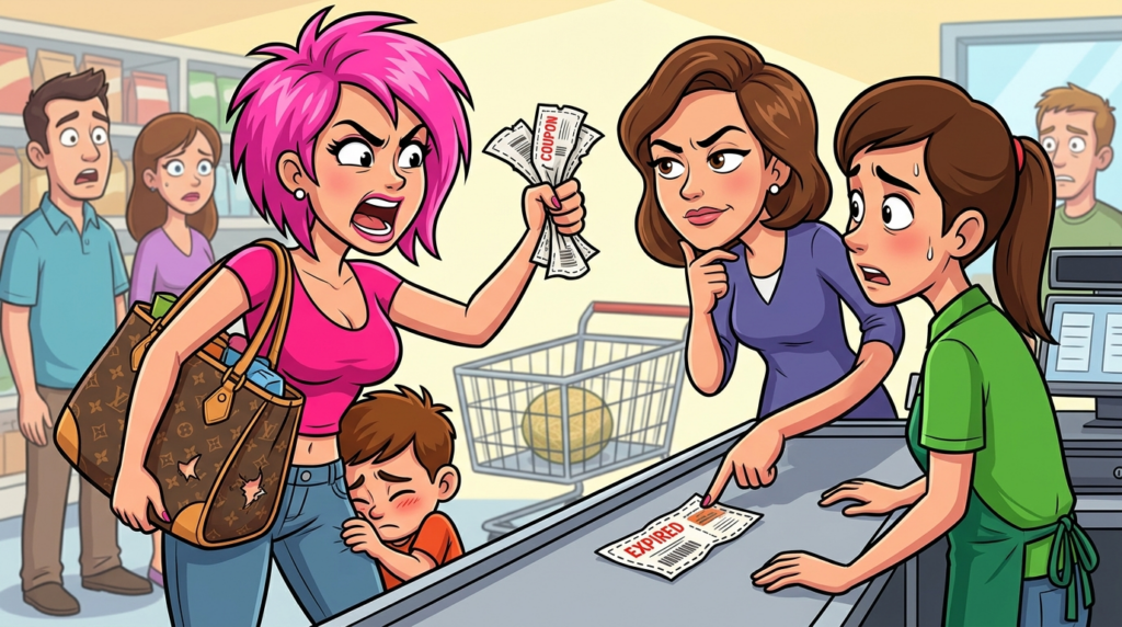 A pink-haired woman with invalid coupons loudly demanded acceptance at the grocery store, insulted my physique, then suddenly abandoned her cart for a phone call