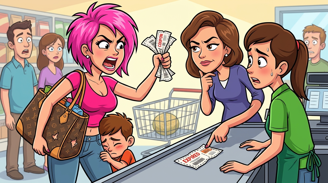 A pink-haired woman with invalid coupons loudly demanded acceptance at the grocery store, insulted my physique, then suddenly abandoned her cart for a phone call