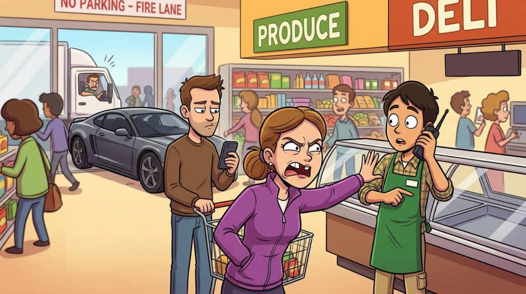 A grocery store employee handles a woman demanding an immediate custom deli sandwich while an expensive sports car selfishly blocks the busy fire lane
